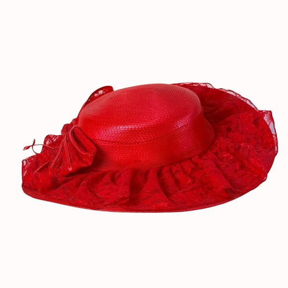 Vintage Wide Brimmed Derby Hat Red Flat Top Lace Bow Dramatic Silhouette - Picture 4 of 14